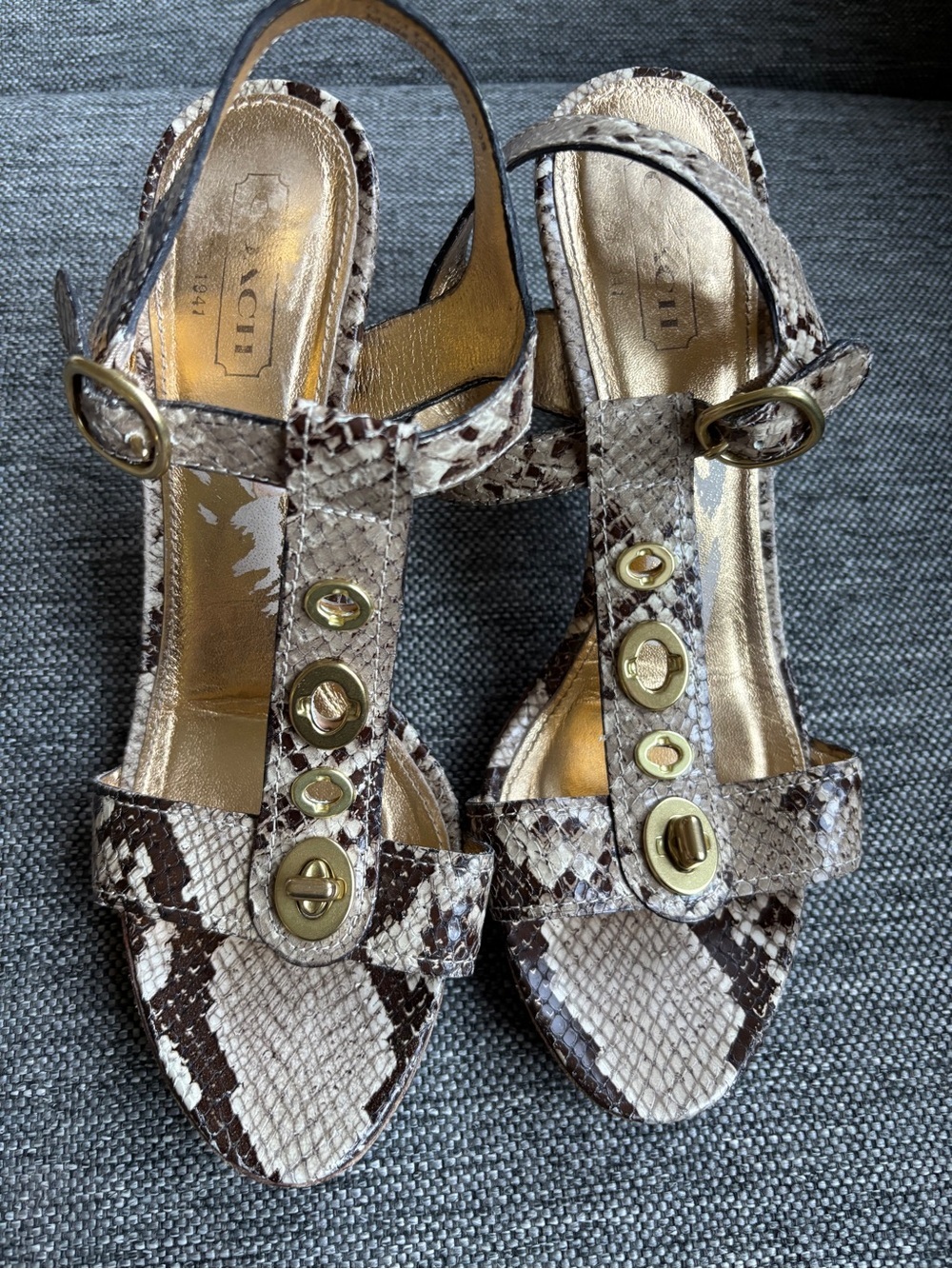 Y2k coach snake skin heel sandal with gold accents womens 9